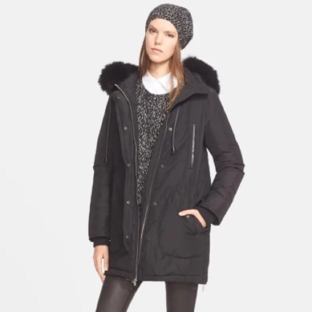 Vince Parka with Fox Fur Trim Hood Black Snow Jacket Size Large
